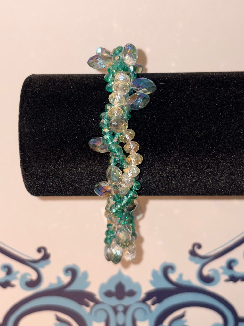 Iridescent Turquoise & Clear Crystal Twist Bracelet Magnetic Silver Metal Clasp